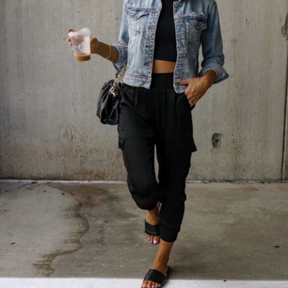. Pants - Luxe Look Satin Pocketed High Waist Joggers - Black
